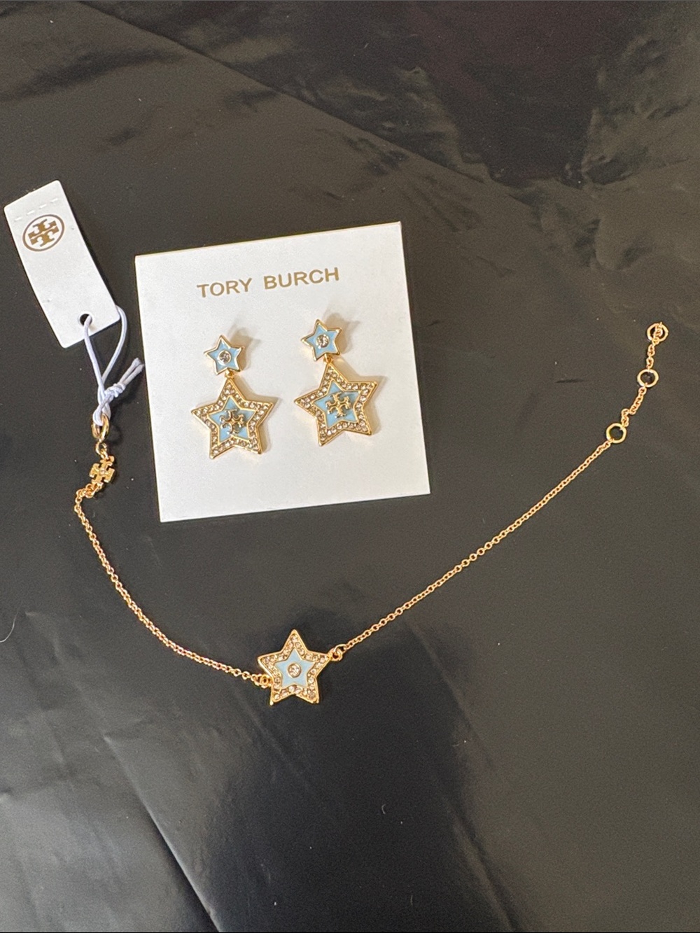 Tory Burch Gold Star Drop Earrings with matching bracelet Light Blue Enamel